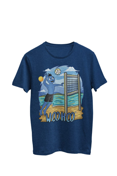 WooHooBerry actively participating in beach volleyball, showcasing the word 'WooHoo' on the navy T-shirt. Capturing the vibrant and dynamic atmosphere of the game.